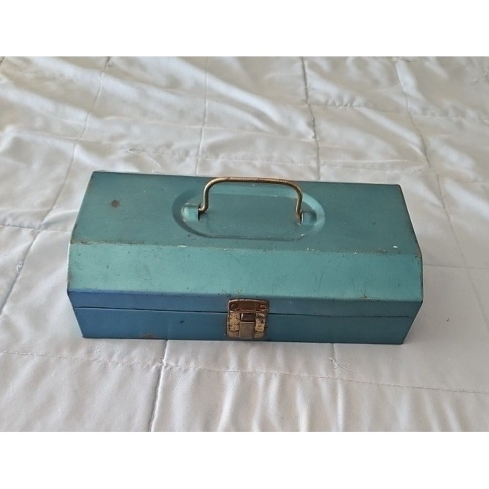 Vintage Teal Blue Metal Toolbox Rustic Industrial Storage Chest with Handle